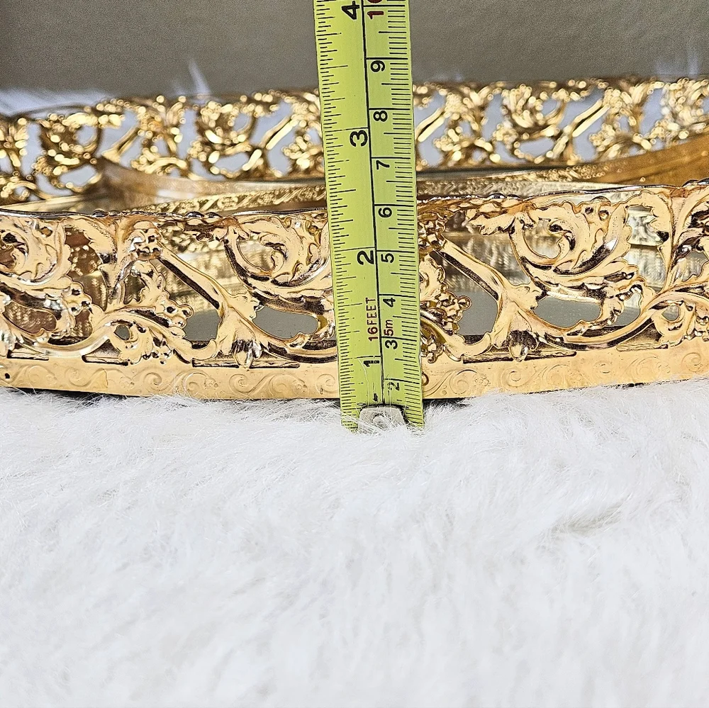 24K Gold Ormolu Filigree Oval Feminique Vanity Tray Mirror Vintage LG 16x10 in